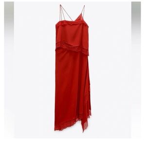 Zara Red Lace-Trim Midi Slip Dress